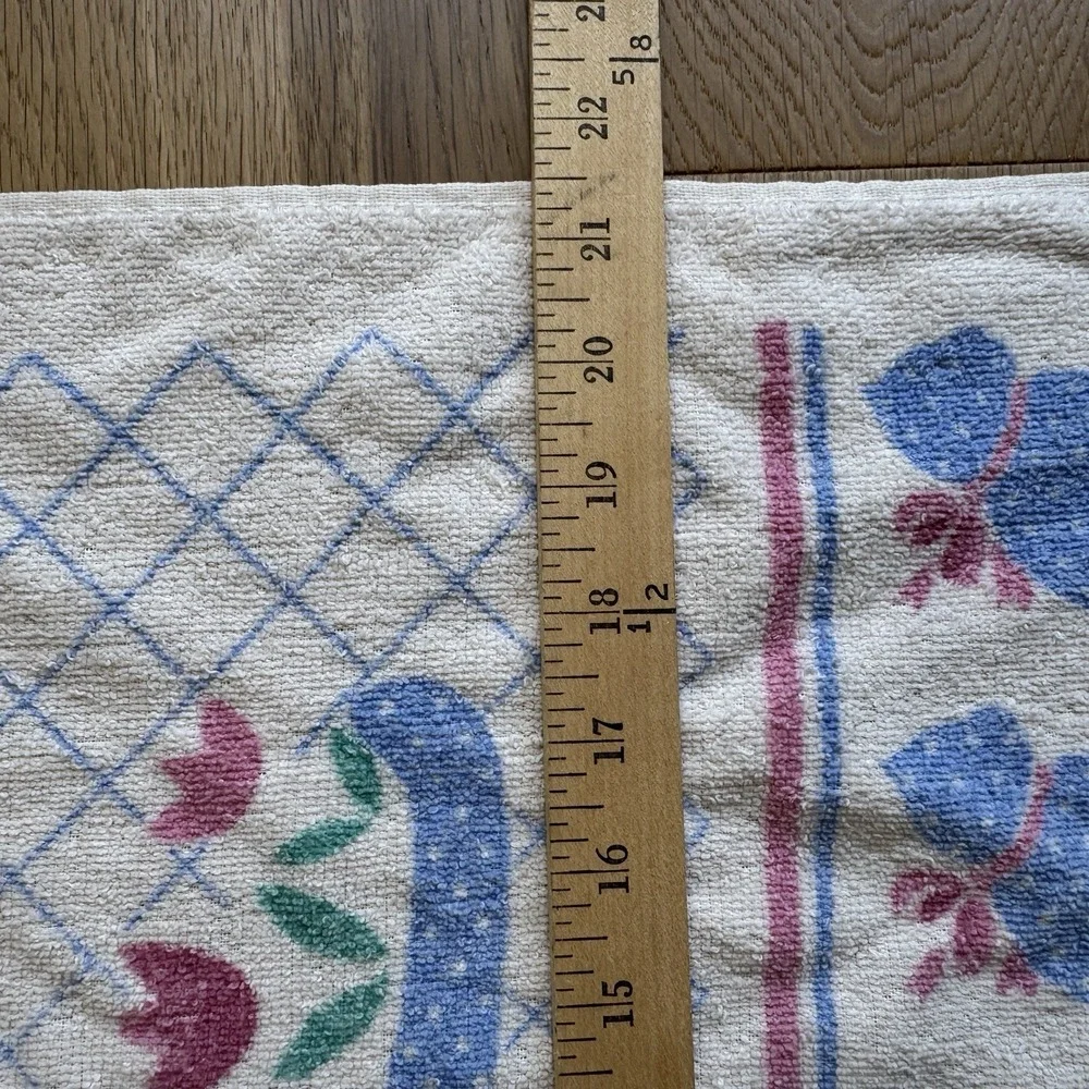 Vintage Cannon Bath Towel Blue Cat Pink Flowers Fringe Retro Cottagecore 80s 90s